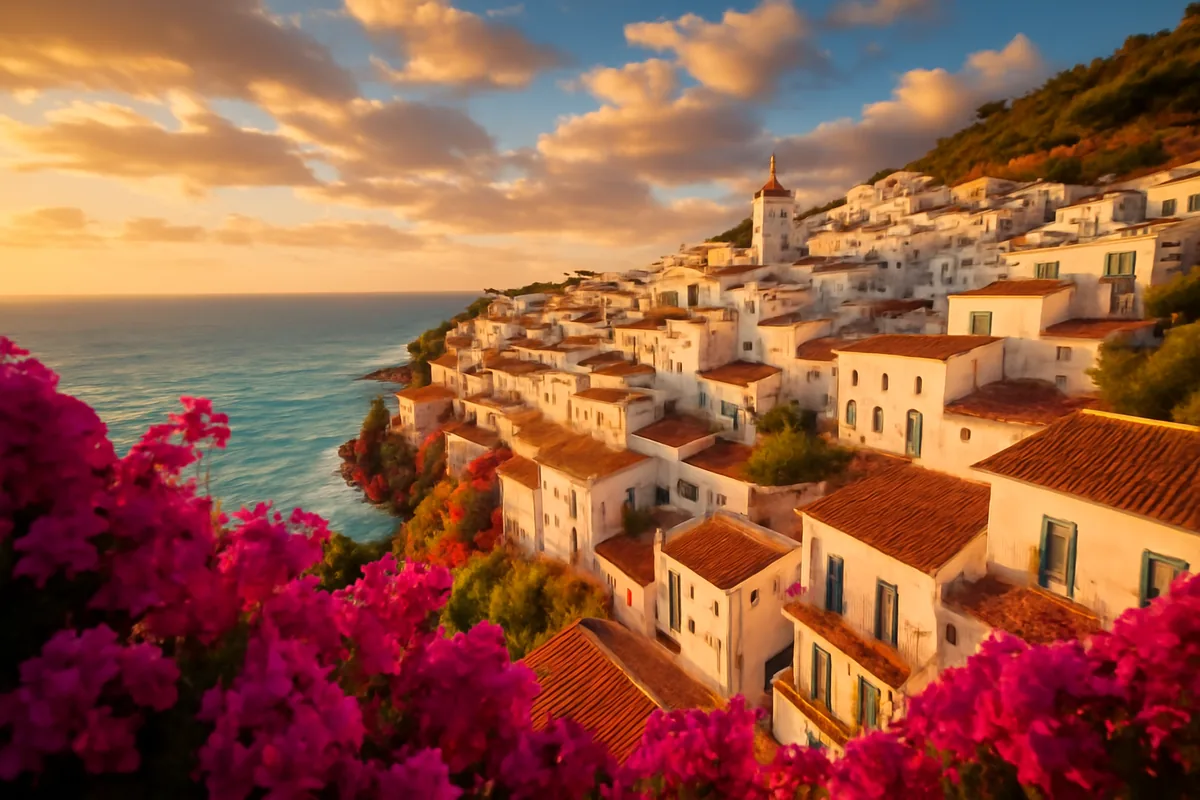 A sun-drenched Spanish coastal village with white-washed buildings cascading down to the turquoise Mediterranean Sea, bathed in warm golden hour light with colorful bougainvillea in the foreground.