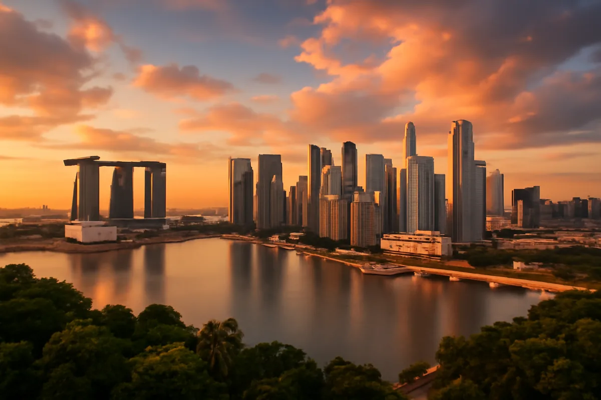 Panoramic golden hour view of Singapore's Marina Bay skyline with glittering skyscrapers reflected in calm harbor waters and tropical greenery in the foreground