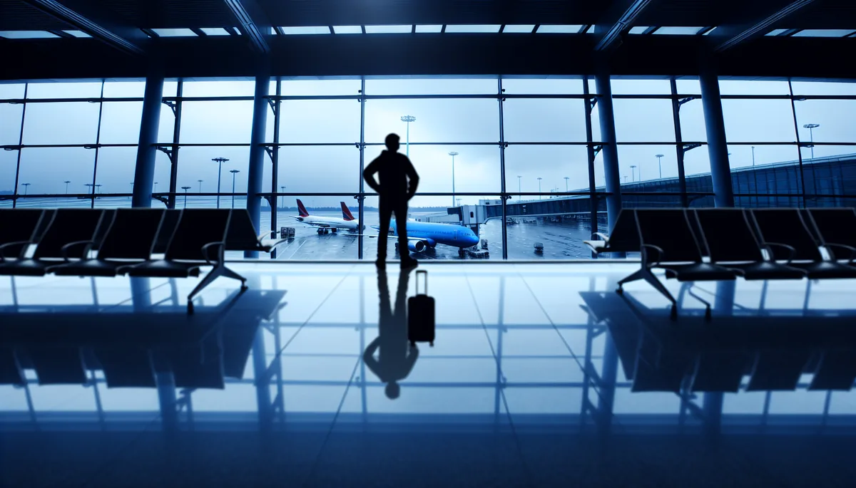 Silhouette of a traveler standing in a modern airport terminal with large windows showing planes on the tarmac under an overcast sky