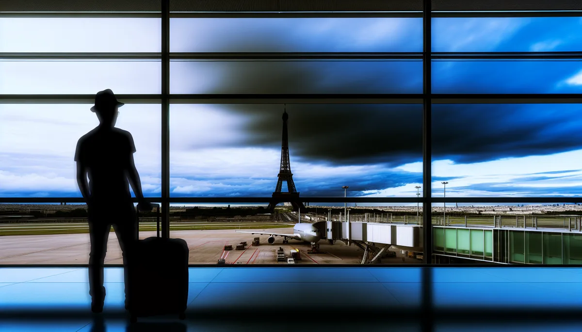 Silhouette of a traveler standing at an airport window with the Eiffel Tower visible in the distance under a moody, overcast sky