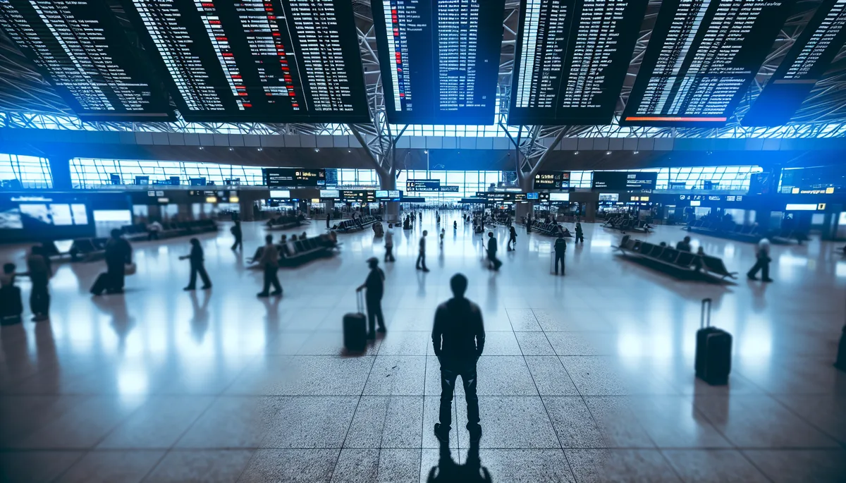 Silhouette of a traveler standing alone in a busy international airport terminal with departure boards and other travelers in the blurred background