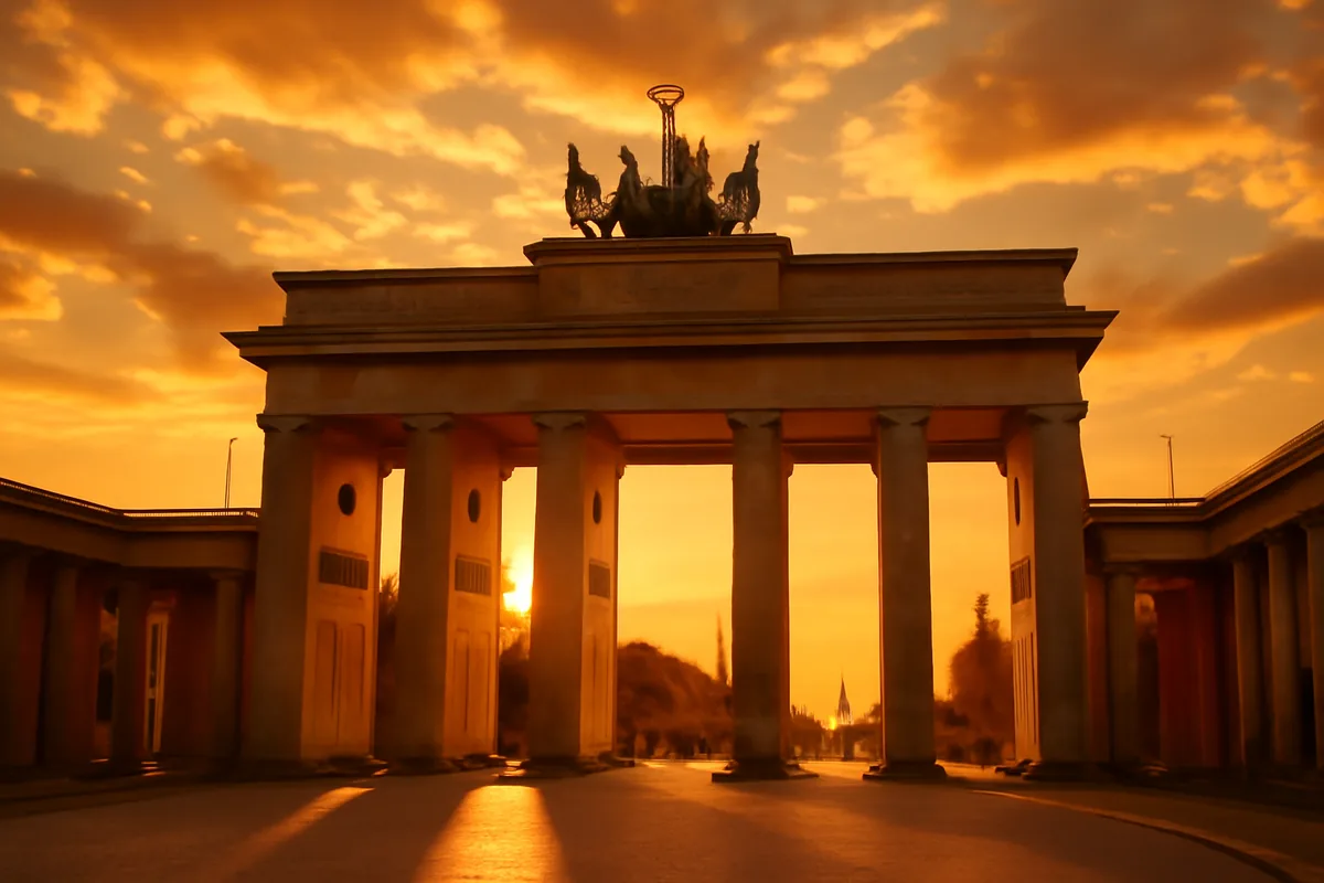 The Brandenburg Gate in Berlin bathed in warm golden hour light, with a dramatic orange sky in the background, captured in a wide-angle travel photography style.