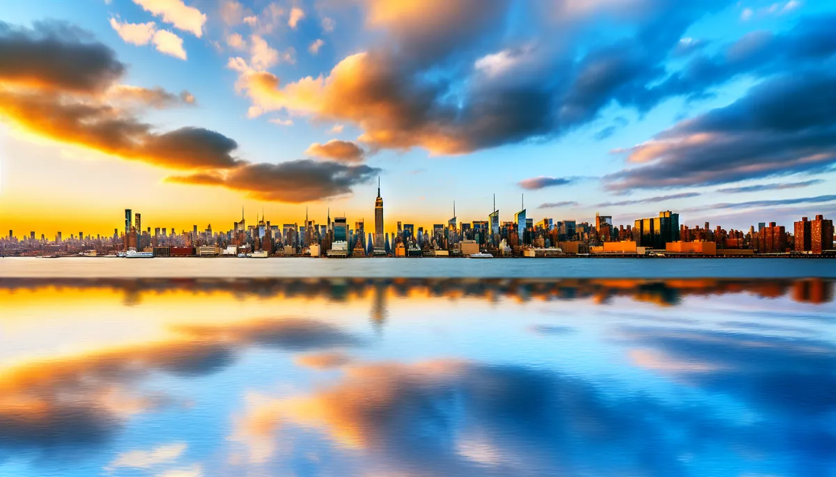 Stunning sunset view of New York City skyline with Manhattan skyscrapers reflected in the Hudson River