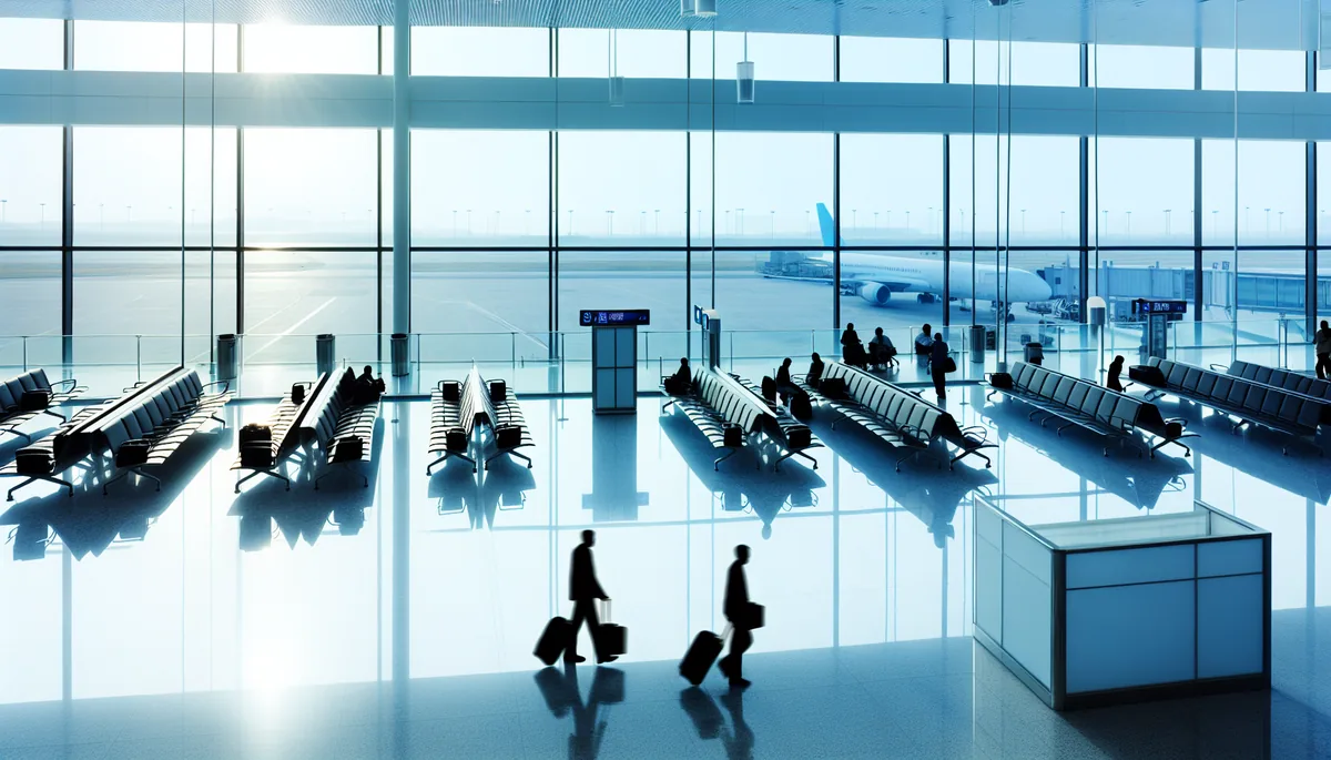 Modern airport terminal with travelers walking towards departure gates, large windows showing aircraft on the tarmac