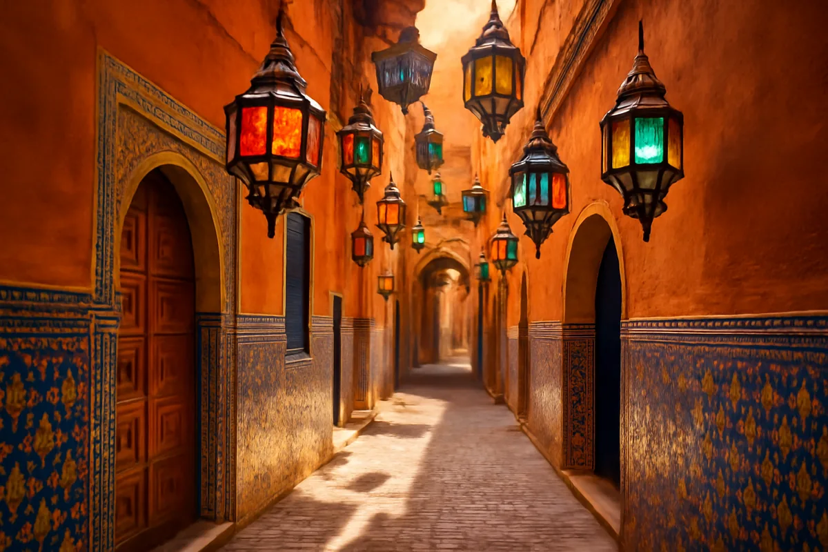 A sunlit narrow alleyway in a Moroccan medina decorated with ornate hanging lanterns and colorful mosaic tilework in shades of terracotta, blue, and gold