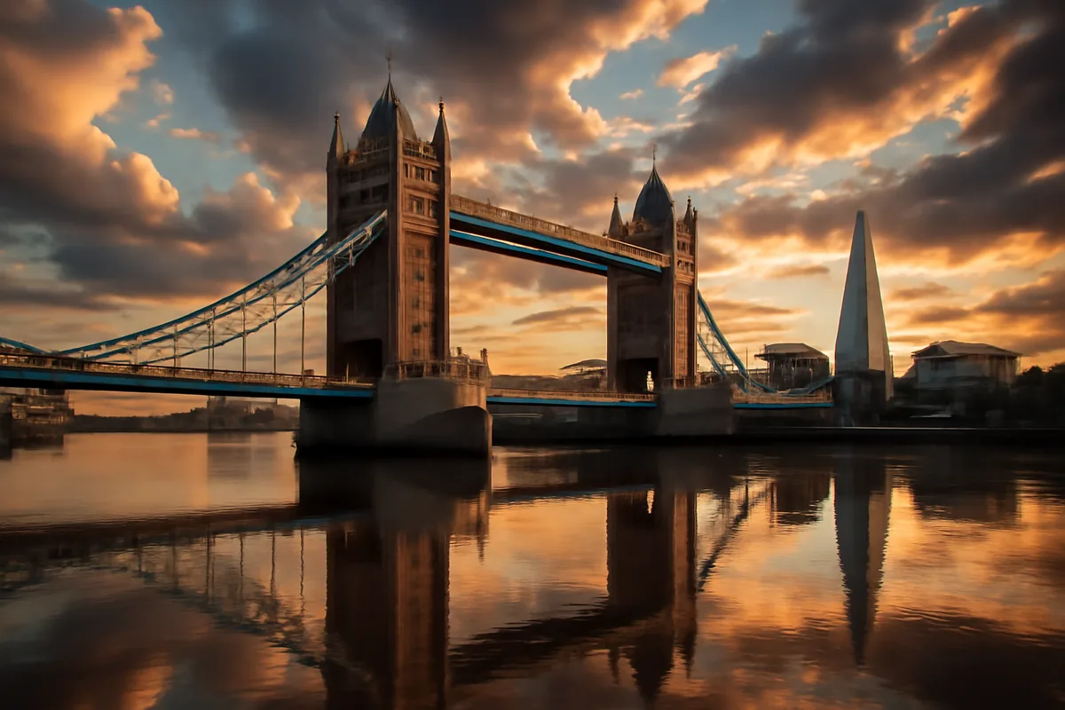 London skyline featuring Tower Bridge over the Thames River at sunset with dramatic cloudy sky and golden lighting