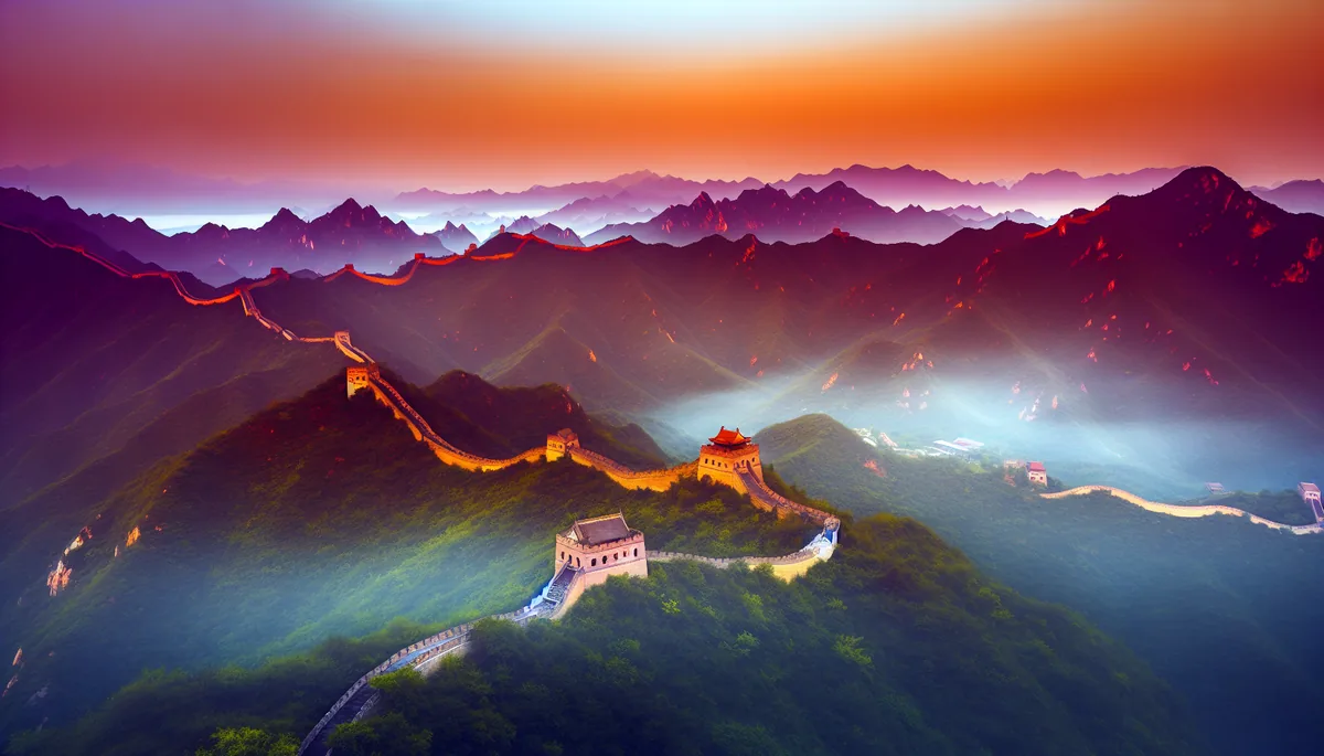 Scenic view of the Great Wall of China snaking through mountainous terrain with traditional Chinese buildings in the valley, captured during golden hour with misty atmospheric lighting