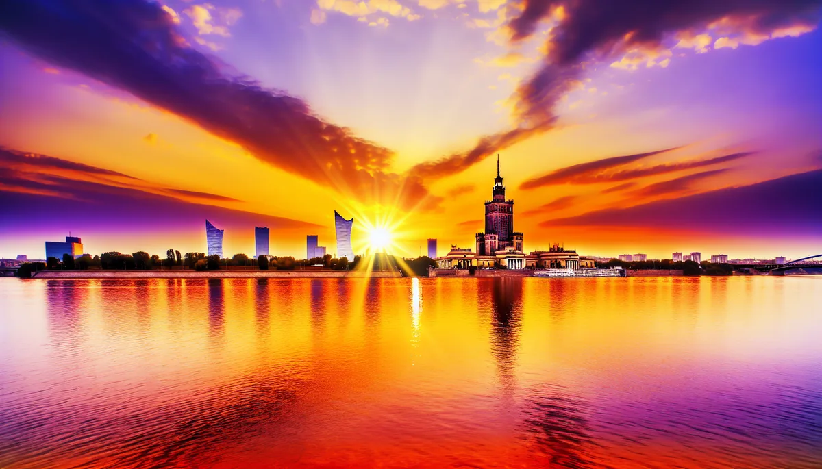 Panoramic view of Warsaw's skyline at sunset, featuring the Palace of Culture and Science and modern buildings reflected in the Vistula River