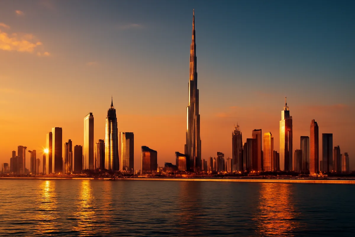 Dubai skyline at golden hour with the Burj Khalifa and modern skyscrapers reflecting warm sunset light over the Arabian Gulf waters