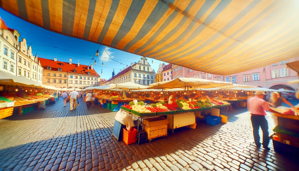 A vibrant European marketplace with colorful vendor stalls on a cobblestone square, surrounded by historic buildings in warm afternoon light