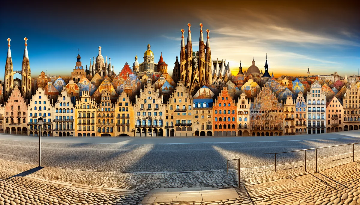 Panoramic view of diverse European architecture showing old cobblestone plaza leading to modern city skyline during golden hour