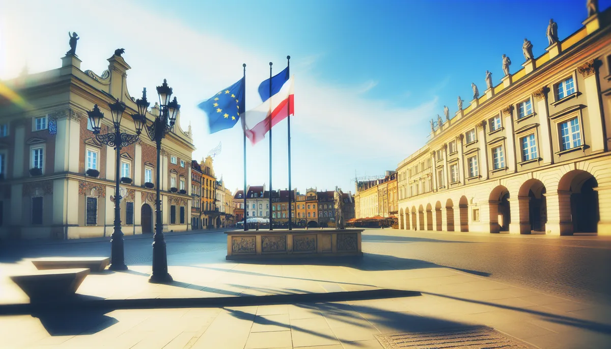 European city square with historic buildings, cobblestone streets, and flags representing Poland and the EU, captured in warm afternoon light