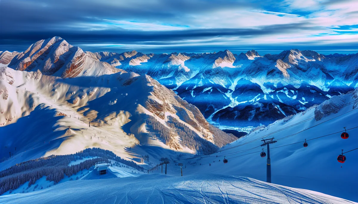 Breathtaking view of snow-covered Alpine peaks with pristine ski slopes and mountain infrastructure in golden morning light