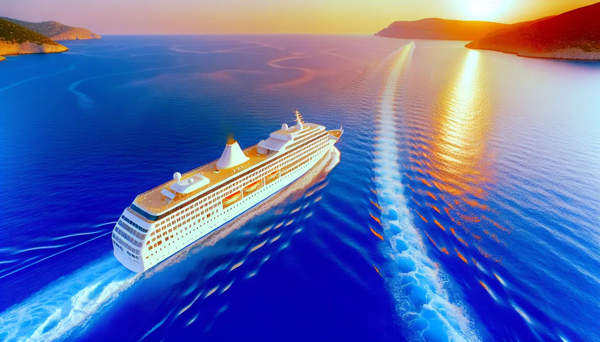 Aerial view of a white cruise ship sailing across deep blue Mediterranean waters during golden hour with dramatic sky