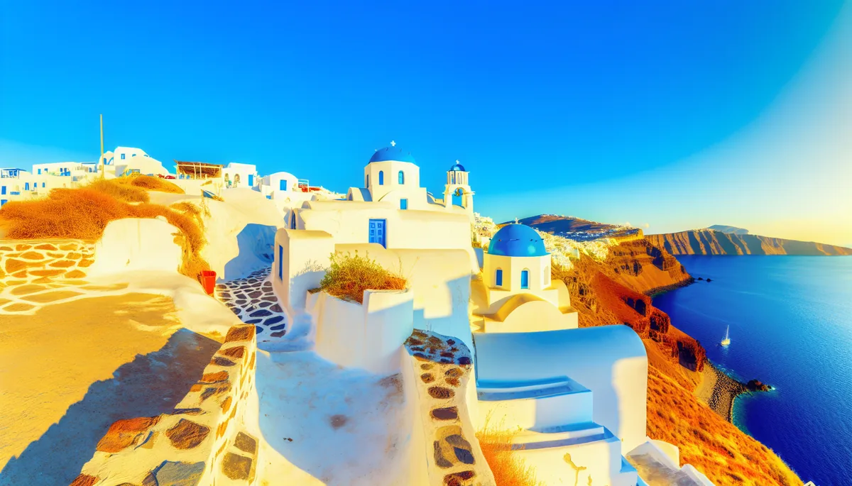 Stunning view of traditional white Greek island buildings with blue domes perched on a cliff overlooking the deep blue Aegean Sea during golden hour