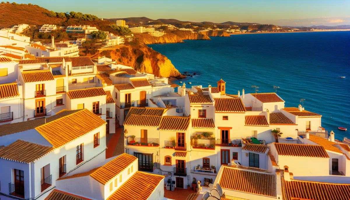 Scenic view of traditional Spanish coastal architecture with white buildings, red tile roofs, and Mediterranean sea in the background during golden hour