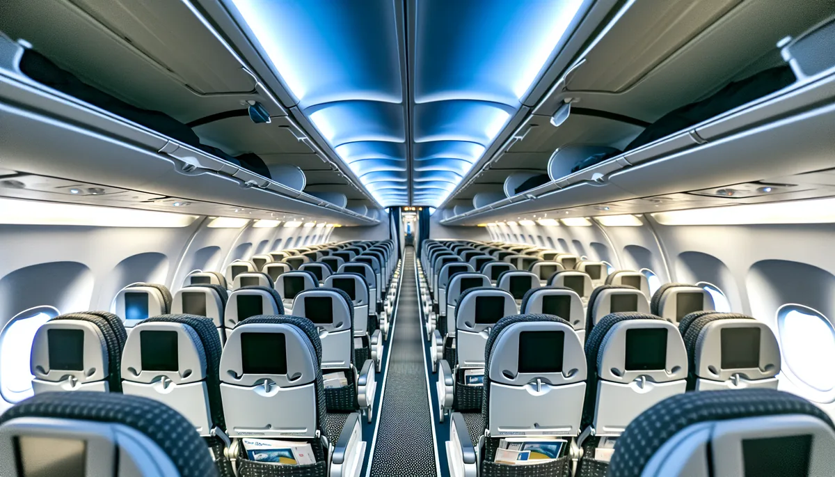 Interior view of a modern airplane cabin showing rows of passenger seats with soft ambient lighting