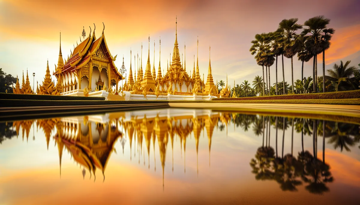 Golden Buddhist temple with ornate spires reflecting in calm water at sunset in Thailand, surrounded by tropical palm trees