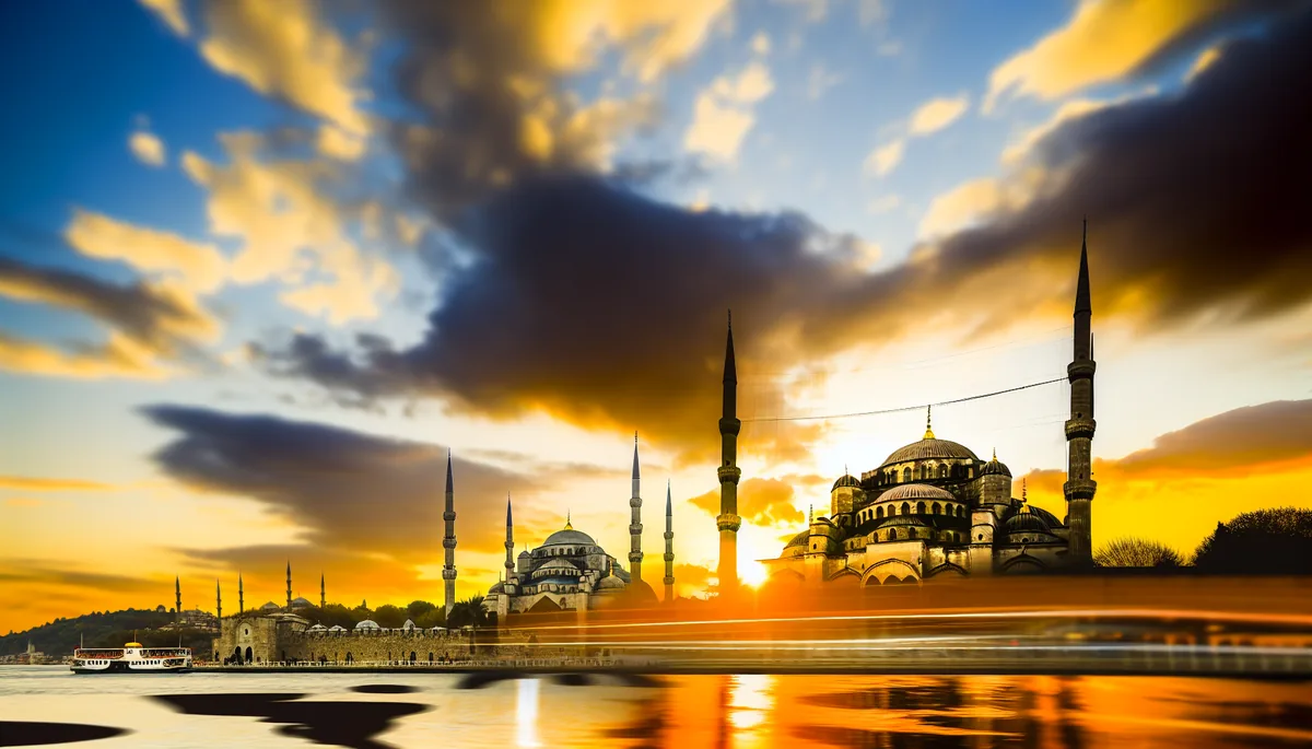 Istanbul skyline at sunset featuring the Blue Mosque and Hagia Sophia with the Bosphorus strait, warm golden lighting