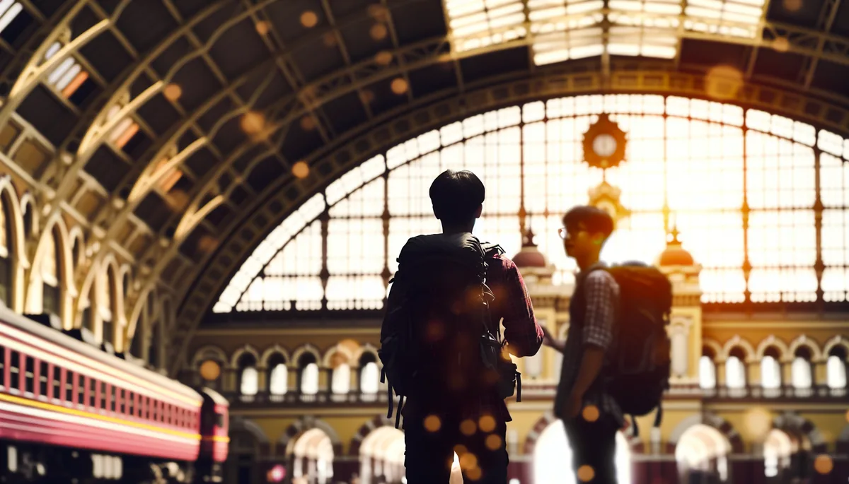Silhouette of a traveler with backpack standing on a European train station platform with beautiful architecture and golden lighting