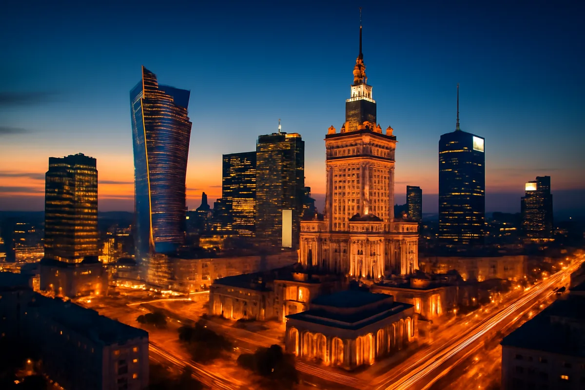 Modern city skyline at dusk with illuminated buildings and urban architecture representing connectivity and modern travel technology