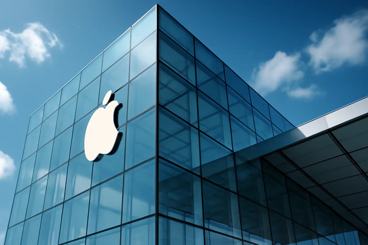 Modern Apple Store building with reflective glass facade and geometric architecture against a blue sky