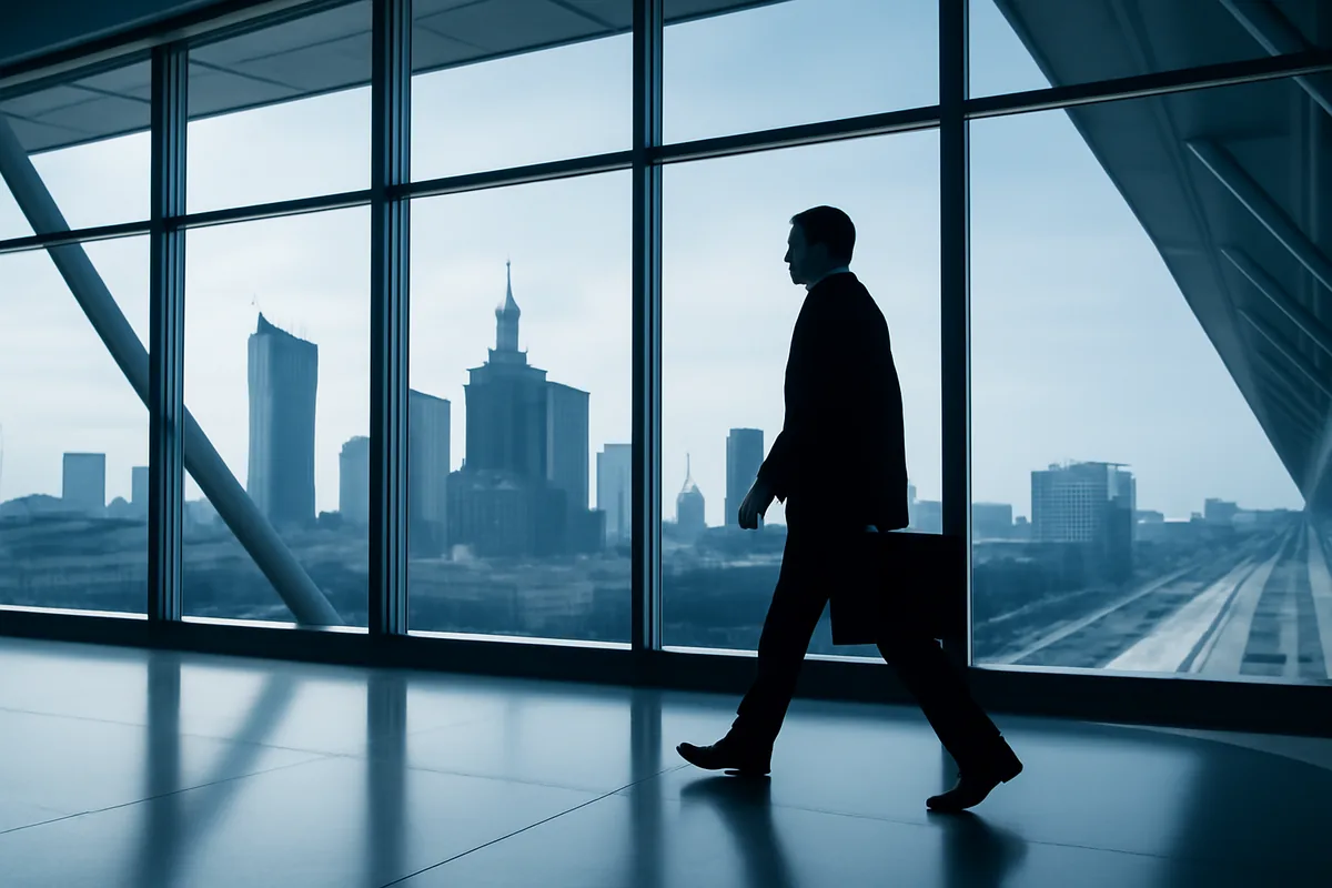 Silhouette of a traveler walking through a modern airport terminal with Warsaw city skyline visible through large windows