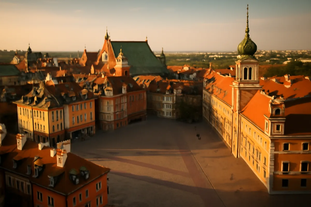 Aerial golden hour view of Warsaw's historic Old Town, featuring colorful tenement houses, cobblestone streets, and the Royal Castle bathed in warm amber light.