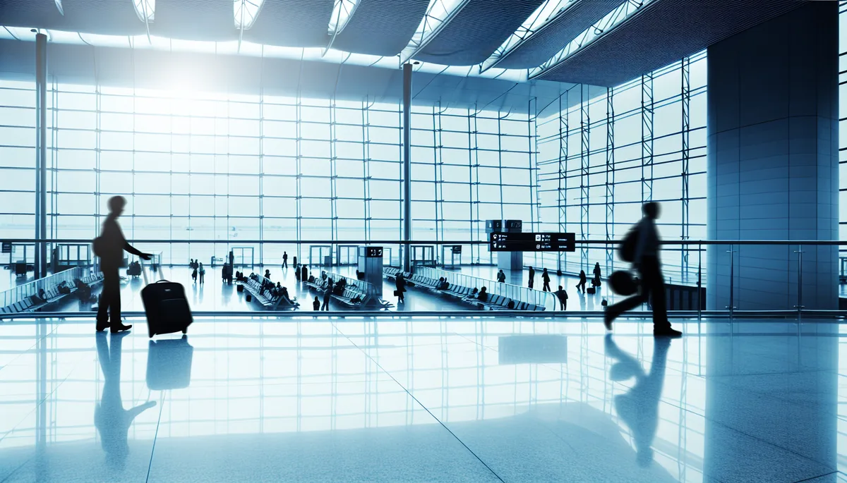 Modern airport terminal interior with travelers walking through departure gates, featuring contemporary glass architecture and natural lighting