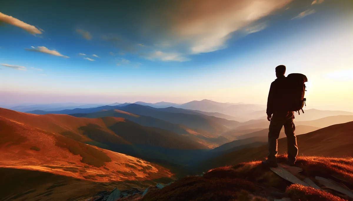 Silhouette of a traveler standing on a mountain peak overlooking a vast, remote valley landscape during golden hour
