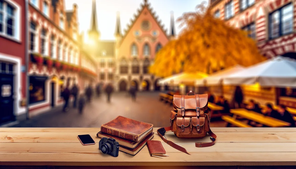 A traveler's backpack and leather journal on a wooden café table with European cobblestone streets and historic architecture in the background