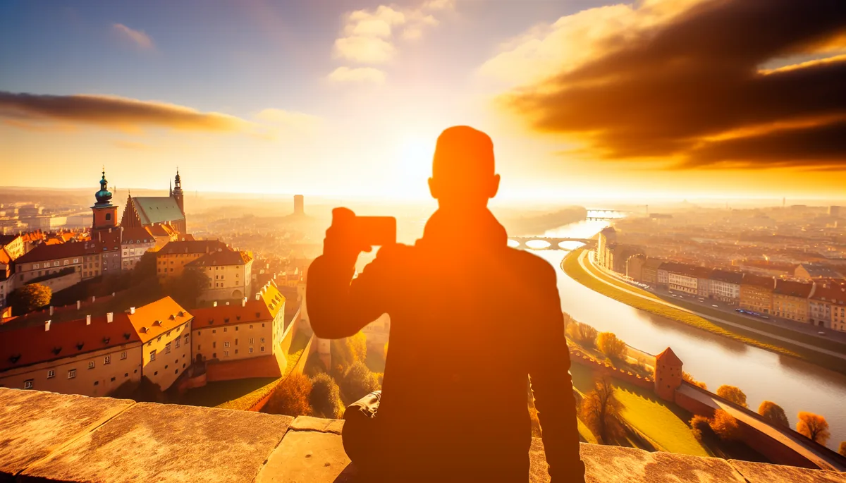 Silhouette of a person standing at a scenic overlook viewing a European city with historic architecture and a river at golden hour