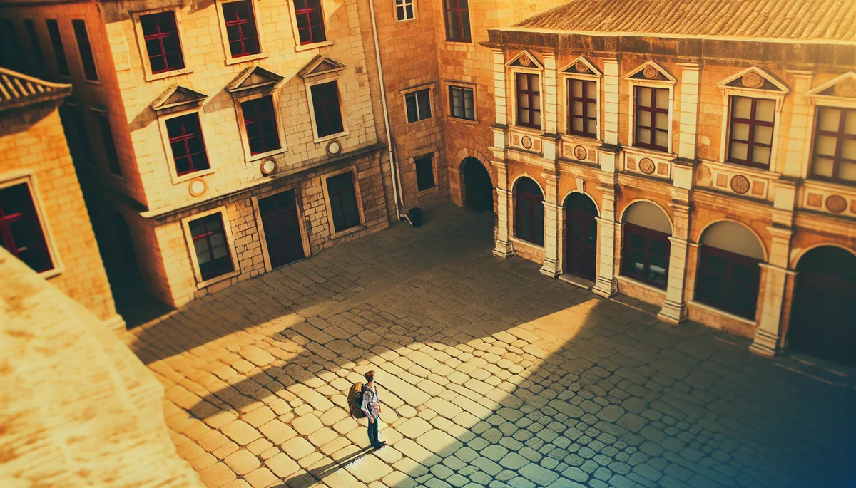 A traveler with a backpack standing at a crossroads in a European city square with traditional architecture and cobblestone streets during golden hour