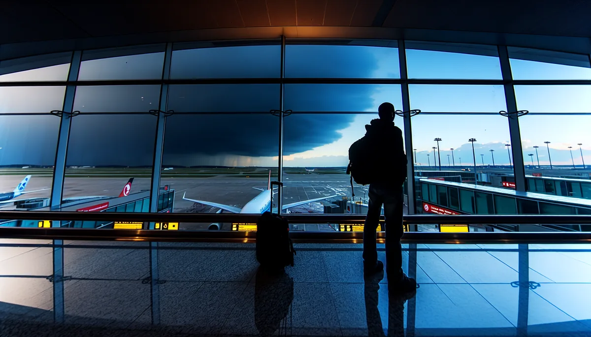 Silhouette of a traveler standing at an airport terminal window with planes visible outside under dramatic stormy skies