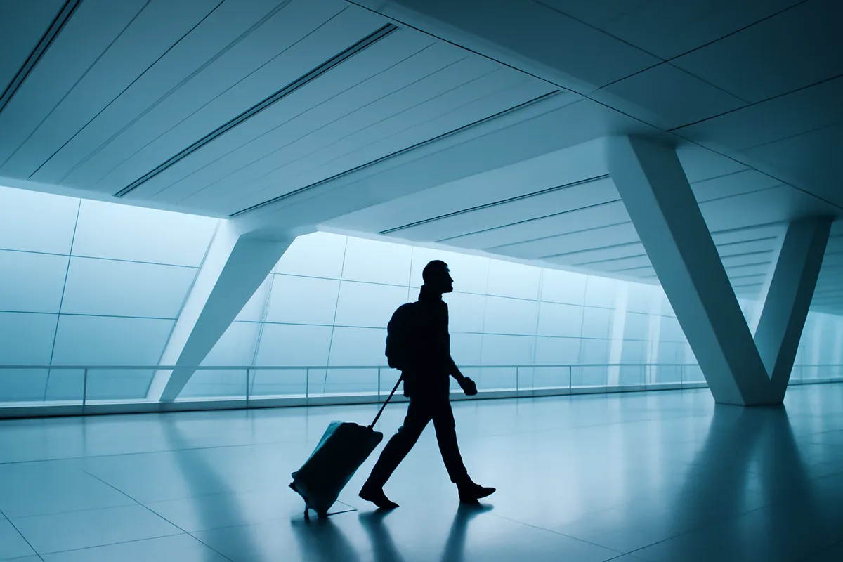 Silhouette of a traveler walking through a modern airport terminal with dramatic lighting and geometric architecture