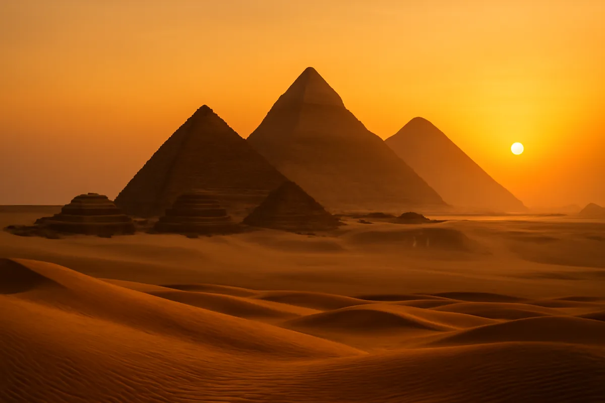The pyramids of Giza emerging from the golden Egyptian desert at sunrise, with warm orange light illuminating the ancient monuments and sandy landscape