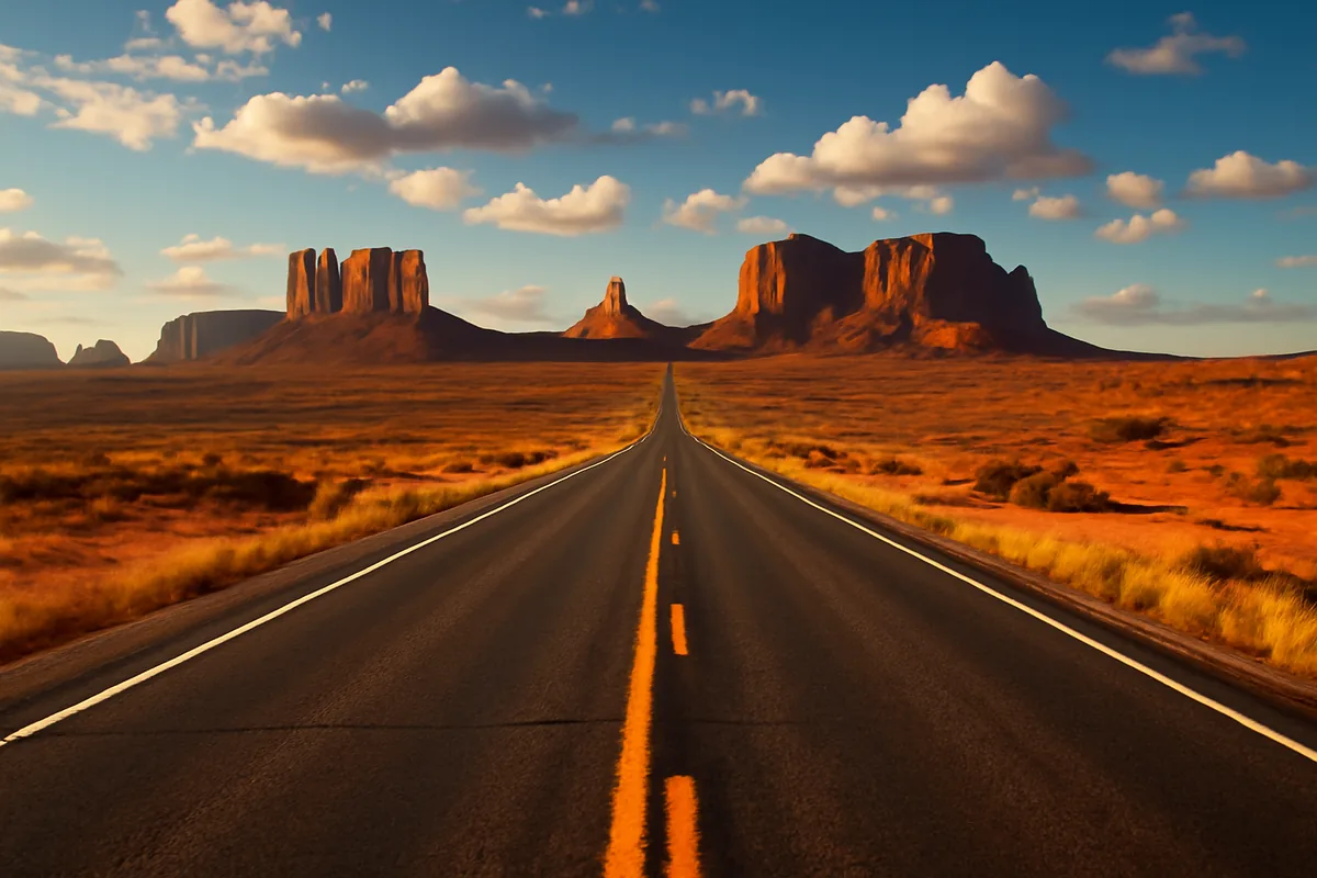 A scenic American highway stretching toward towering red rock desert formations under a vast golden sky at sunset