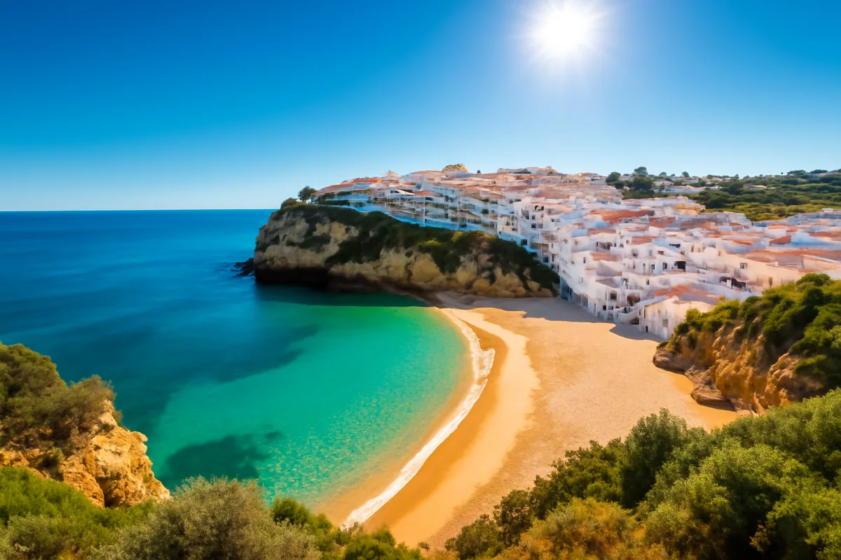 Panoramic view of a stunning Mediterranean coastline with turquoise waters, a white sandy beach, and a picturesque cliffside village under a bright summer sky