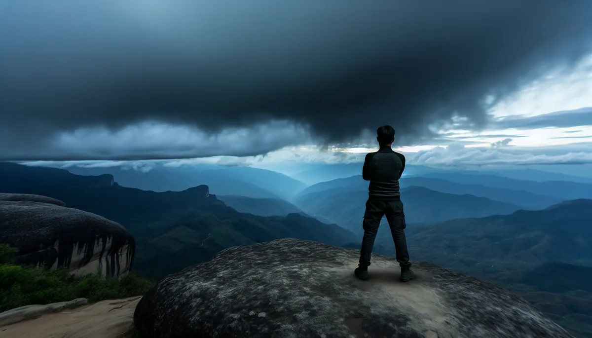 Silhouette of a traveler standing on a mountain overlook under stormy skies, conveying travel challenges and connectivity issues