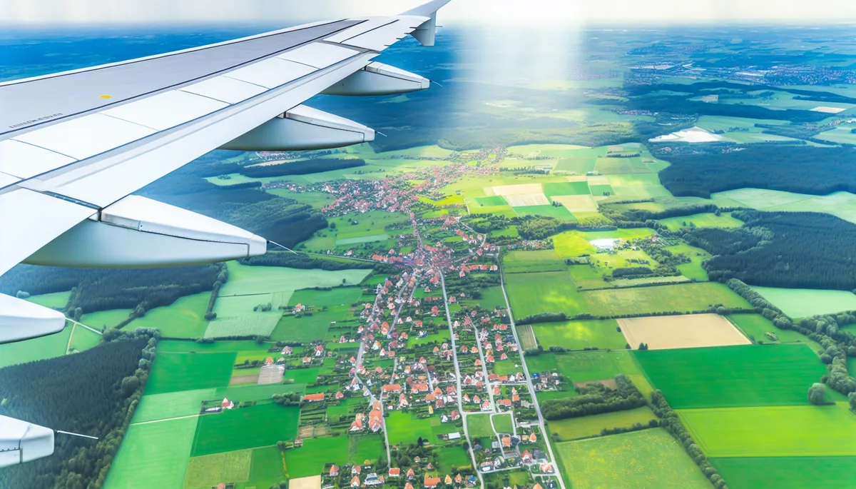 Aerial view from airplane window showing European countryside with green fields and scattered towns below white clouds