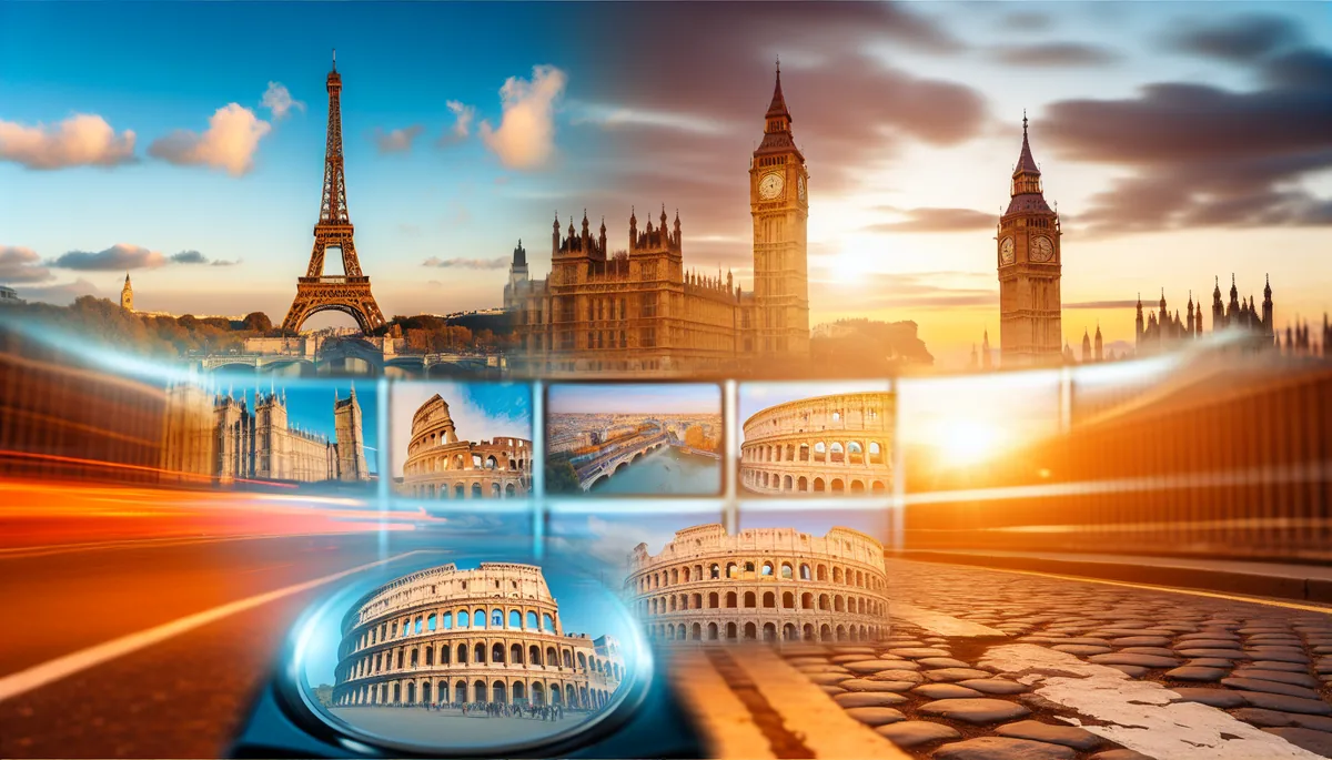 Panoramic view showcasing famous European landmarks including the Eiffel Tower, Big Ben, and Colosseum in golden hour lighting