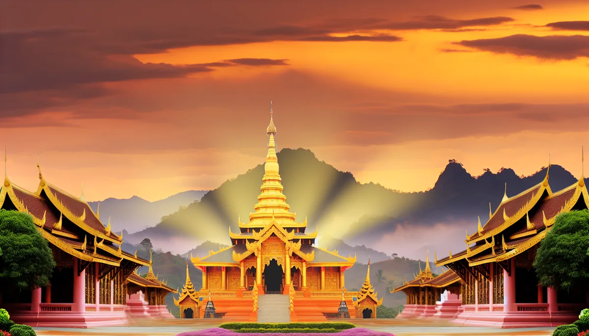 Golden Asian temple pagoda with traditional architecture set against misty mountains during sunset