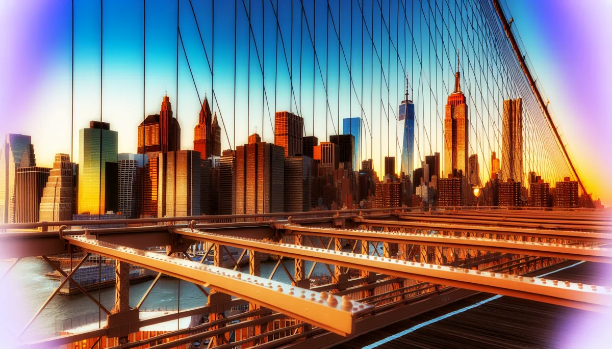 Stunning golden hour view of New York City skyline featuring the Empire State Building and Manhattan skyscrapers as seen from Brooklyn Bridge