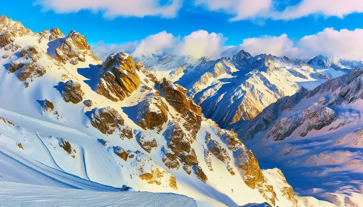 Breathtaking view of snow-covered Alpine mountains with pristine ski slopes under a bright blue sky during golden hour