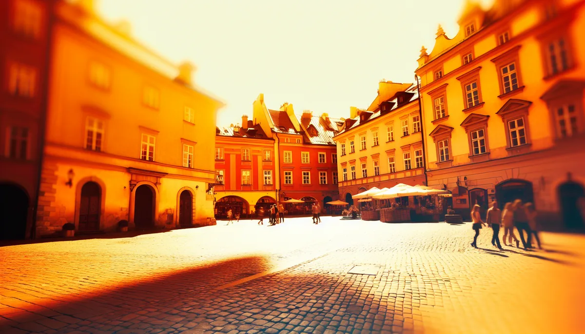 European city square with historic buildings, cobblestone streets, and warm golden lighting with people walking in the distance