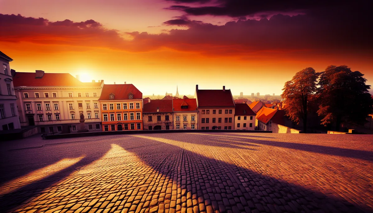 European city skyline at sunset with historic and modern architecture under a golden sky