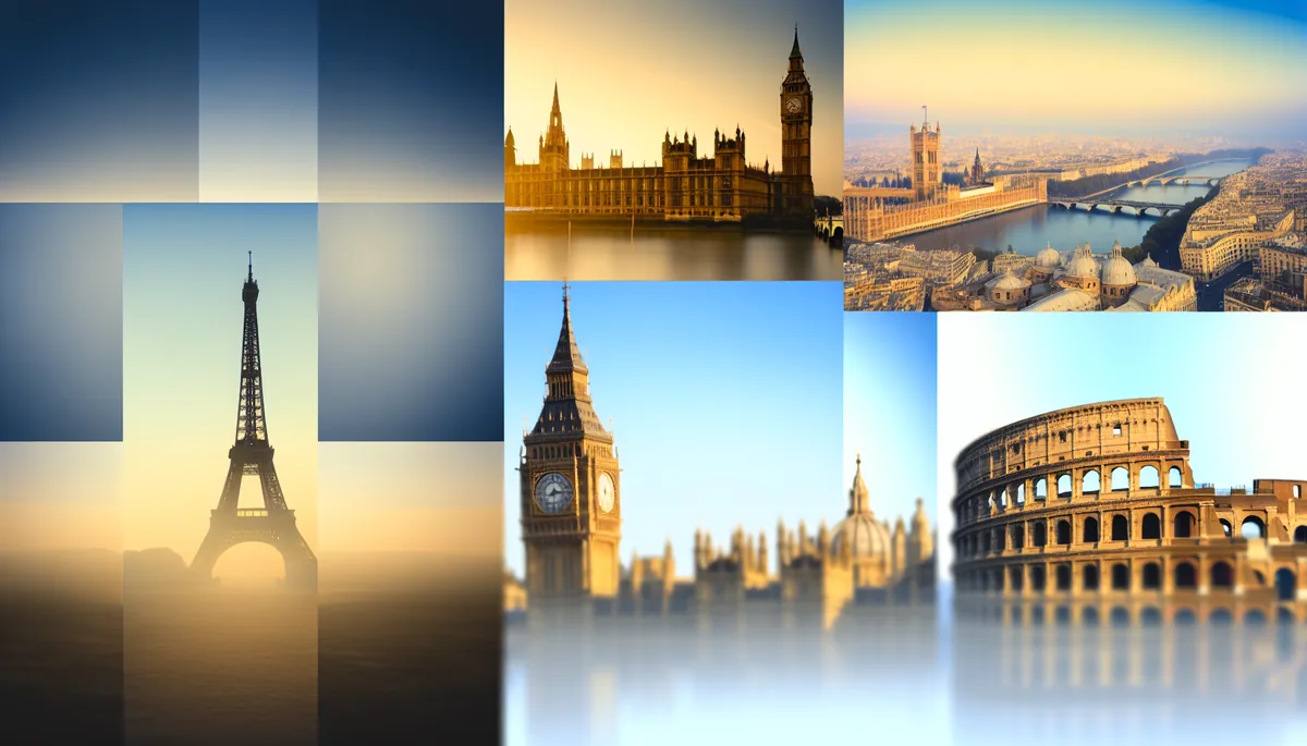 Panoramic view of famous European landmarks including the Eiffel Tower, Big Ben, and Colosseum bathed in golden hour light with atmospheric perspective