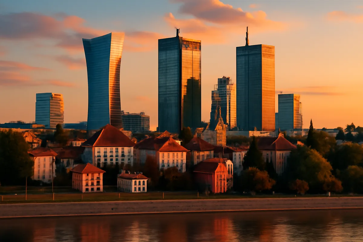 Modern Warsaw skyline with glass buildings reflecting sunset light over the Vistula River, showing blend of contemporary and traditional Polish architecture