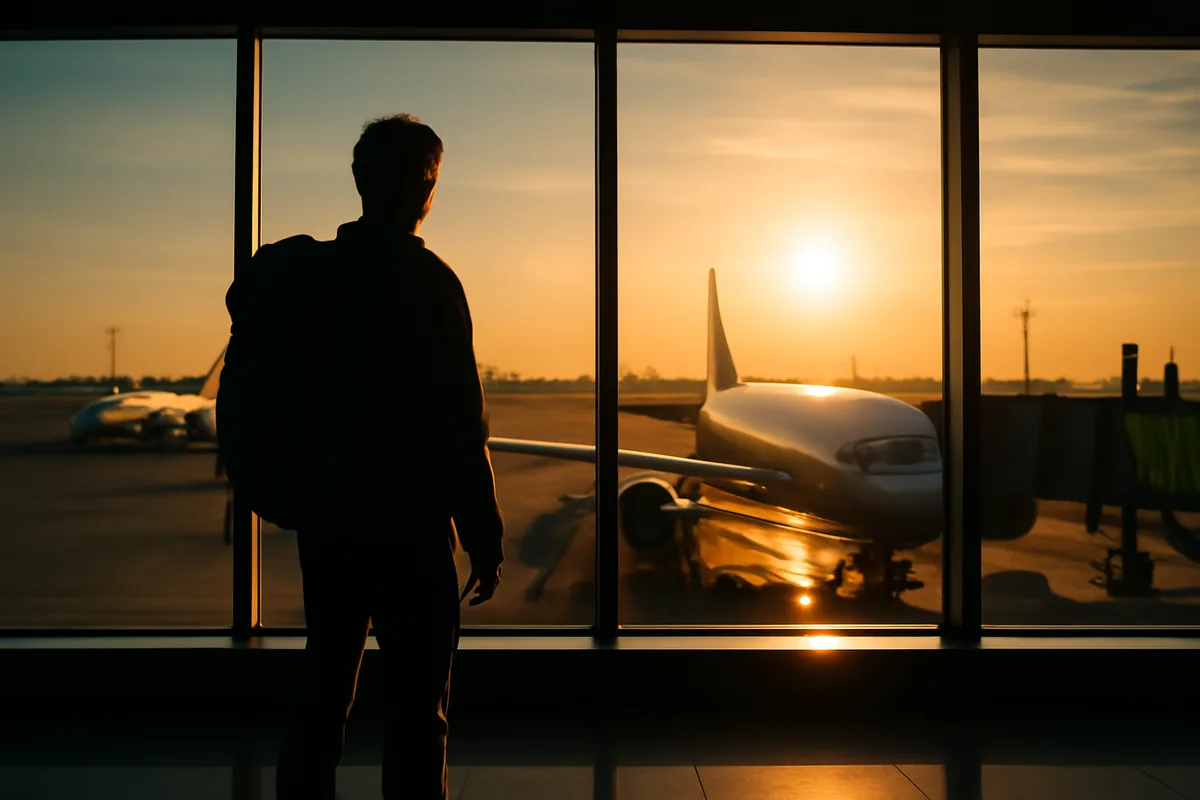 A silhouetted traveler with a backpack standing at an airport terminal gate, looking out at planes on the tarmac during golden hour