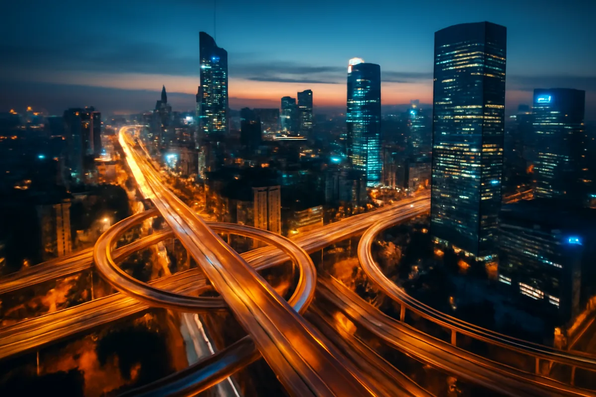 Aerial panoramic view of a modern city at dusk with glowing lights and interconnected infrastructure